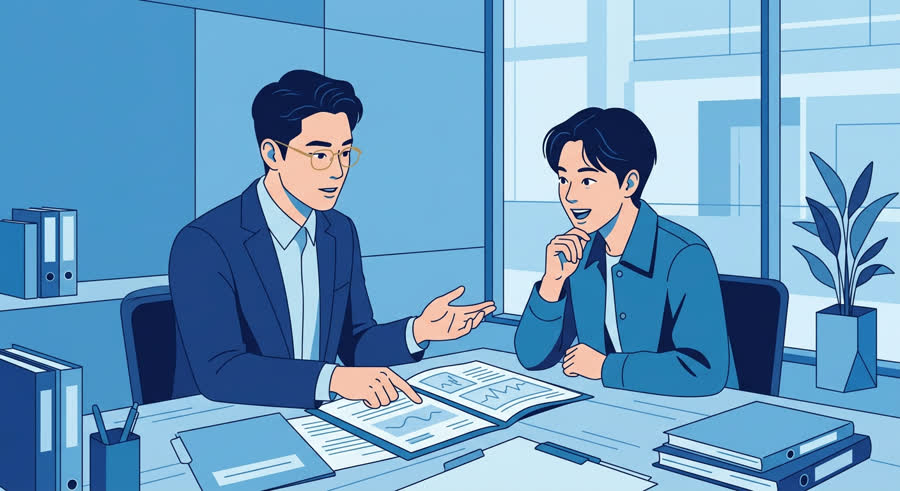 상담 테이블 위에 펼쳐진 의료 기록과 검사 자료를 함께 들여다보는 두 사람