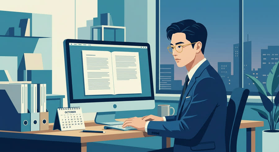 컴퓨터 모니터로 문서를 확인하는 사람, 책상 위에 서류철과 달력