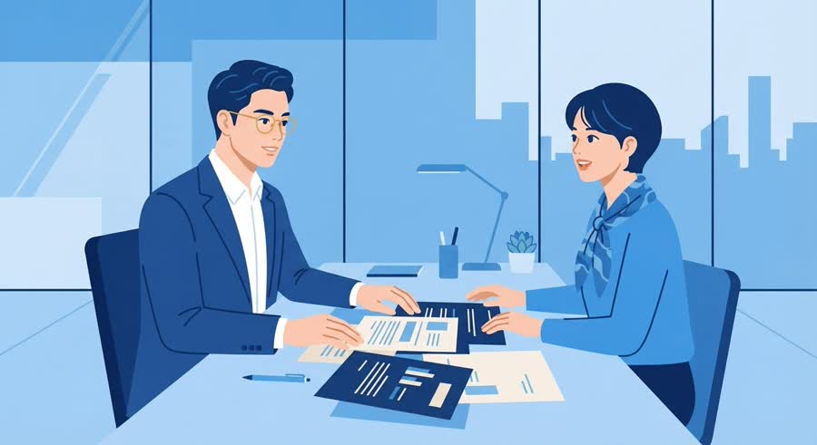 서류 한 장의 항목란을 손가락으로 짚어 확인하는 클로즈업, 종이 위에 표 형태의 칸이 보이고 이름은 비어 있음, 책상 위 스탠드 조명