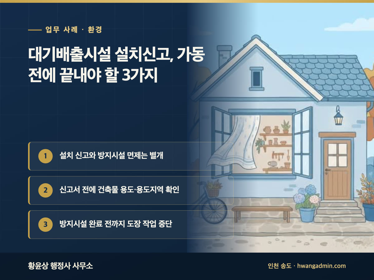 업무 사례 · 환경 대기배출시설 설치신고, 가동 전에 끝내야 할 3가지 설치 신고와 방지시설 면제는 별개, 신고서 전에 건축물 용도·용도지역 확인, 방지시설 완료 전까지 도장 작업 중단