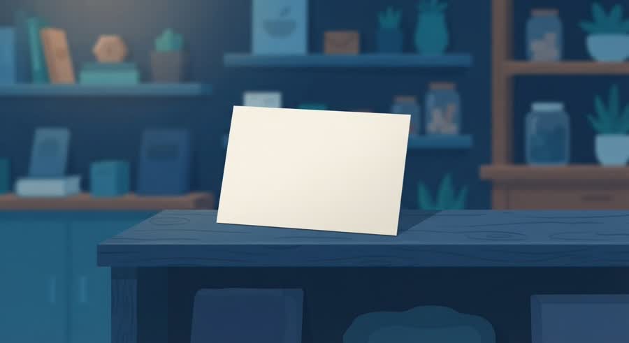 가게 진열대 앞에 놓인 우편물 한 장, 저녁 조명