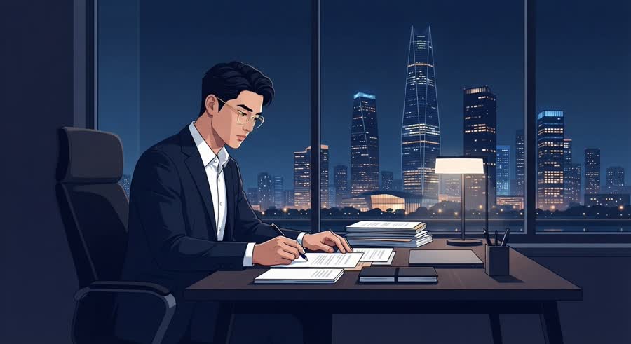 사람, 밤늦은 사무실 책상에서 서류를 검토하며 의견서를 작성하는 행정사, 창밖 송도 야경