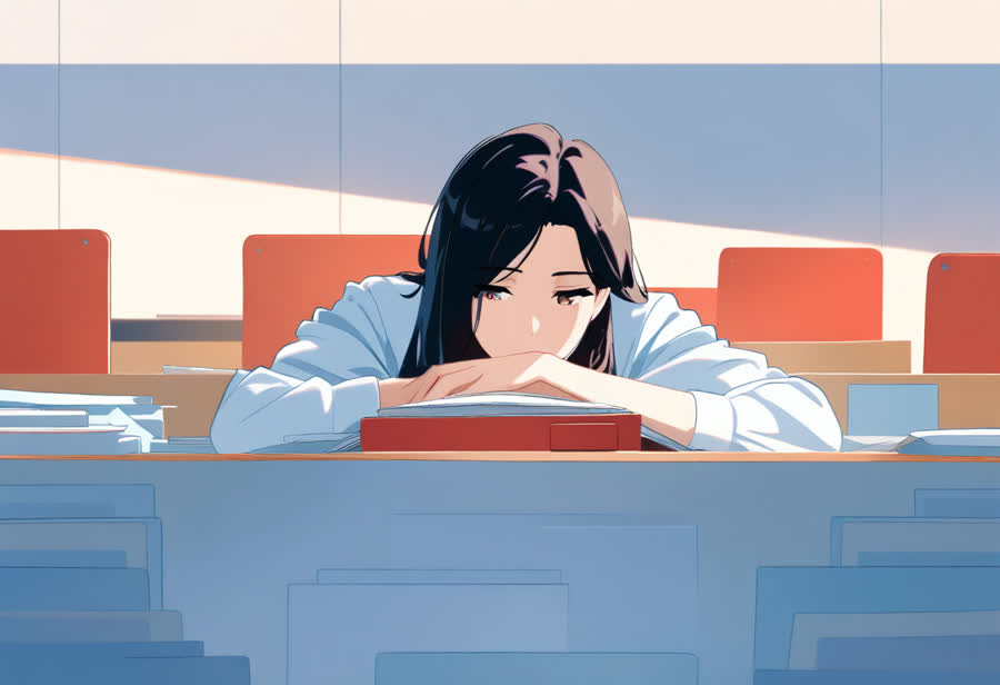 실내에서 젊은 여성이 달력과 서류를 확인하며 날짜를 짚는 장면