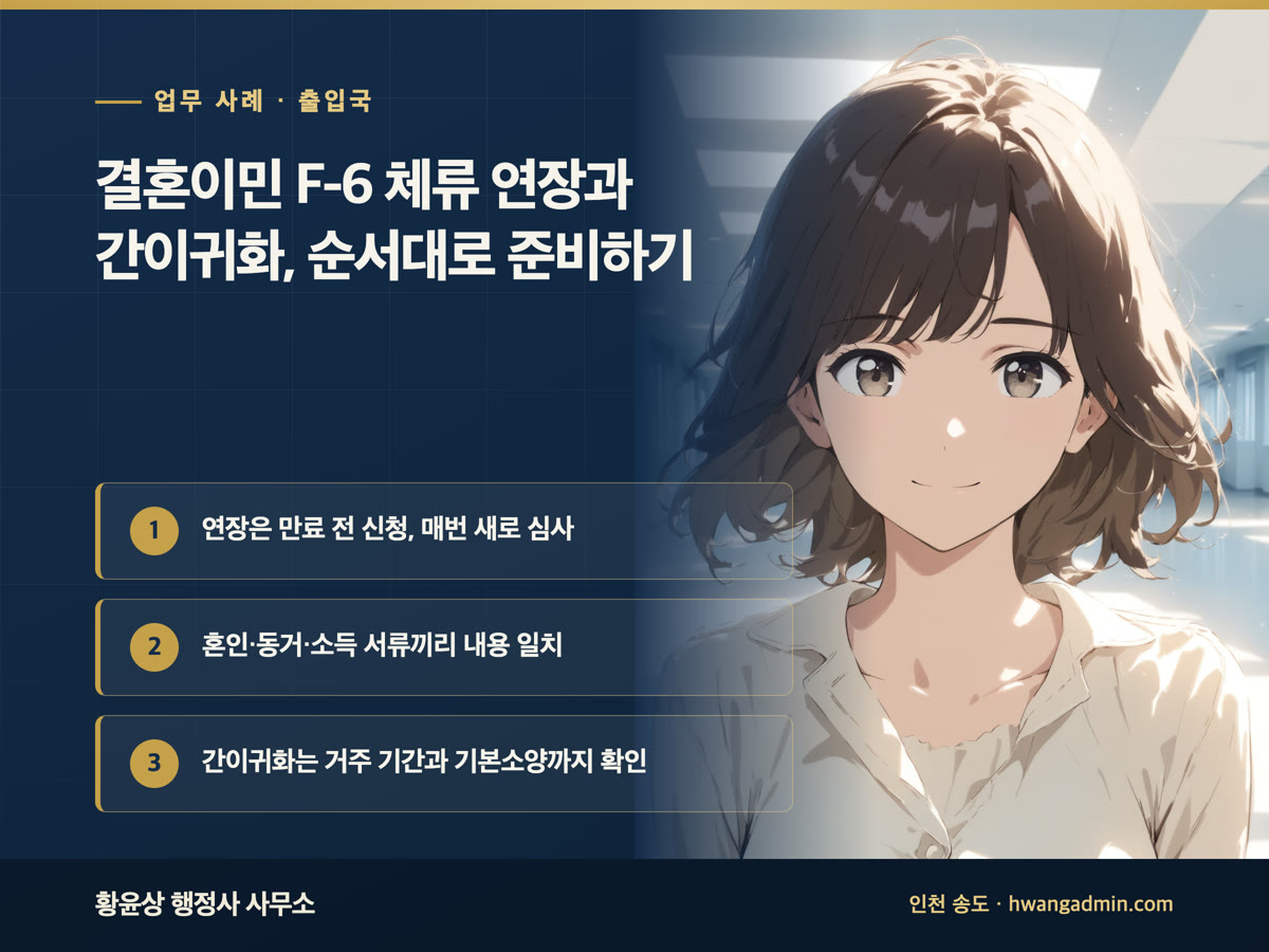 업무 사례 · 출입국 결혼이민 F-6 체류 연장과 간이귀화, 순서대로 준비하기 연장은 만료 전 신청, 매번 새로 심사, 혼인·동거·소득 서류끼리 내용 일치, 간이귀화는 거주 기간과 기본소양까지 확인