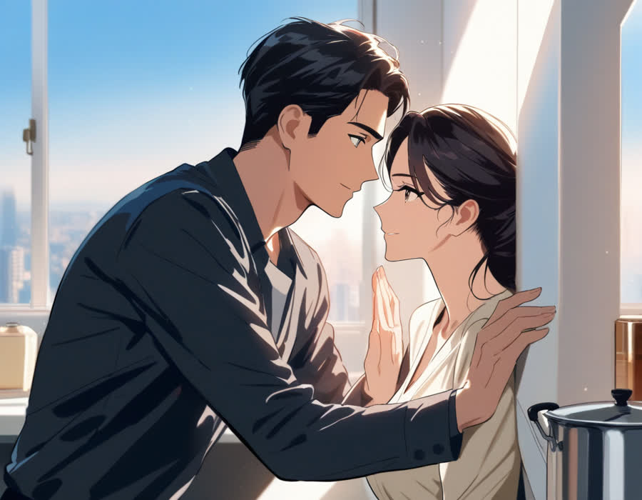 명절 전날 밤 반찬가게 조리실에서 전을 부치며 환하게 웃는 젊은 한국인 여성 사장님과 사촌 동생, 따뜻한 조명