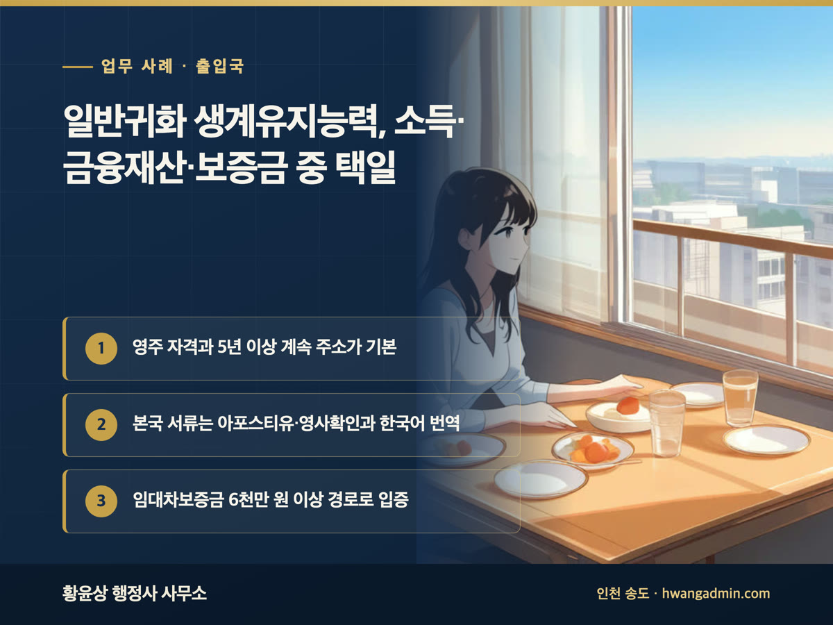 업무 사례 · 출입국 일반귀화 생계유지능력, 소득·금융재산·보증금 중 택일 영주 자격과 5년 이상 계속 주소가 기본, 본국 서류는 아포스티유·영사확인과 한국어 번역, 임대차보증금 6천만 원 이상 경로로 입증