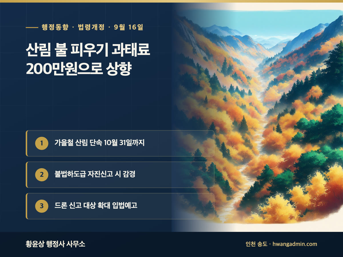산림 불 피우기 과태료 200만원 · 불법하도급 자진신고 감경 외 2건 | 행정 브리핑 9월 16일 — 산림 불 피우기 과태료 200만원 — 가을철 산림 불법행위 단속