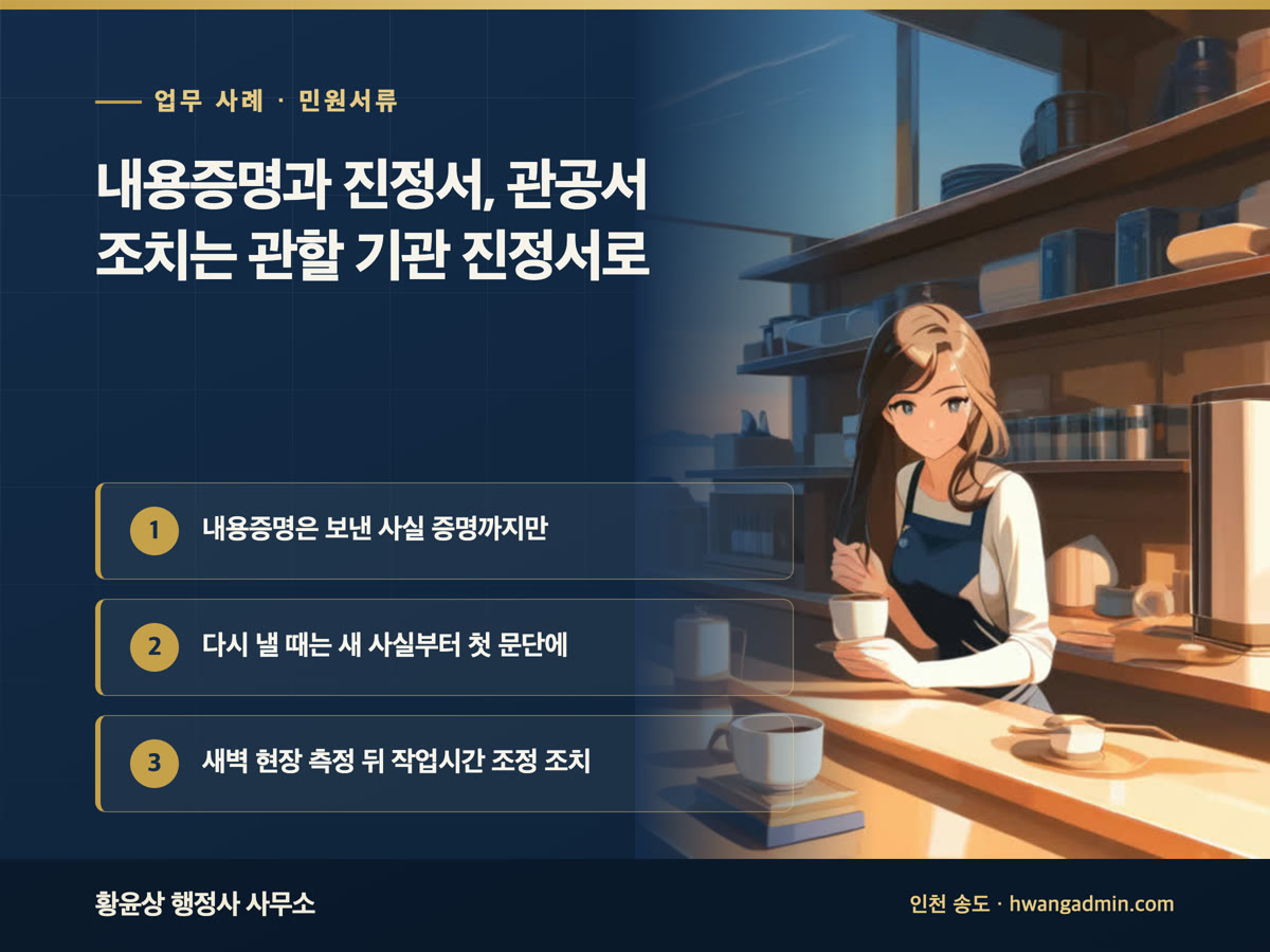 업무 사례 · 민원서류 내용증명과 진정서, 관공서 조치는 관할 기관 진정서로 내용증명은 보낸 사실 증명까지만, 다시 낼 때는 새 사실부터 첫 문단에, 새벽 현장 측정 뒤 작업시간 조정 조치