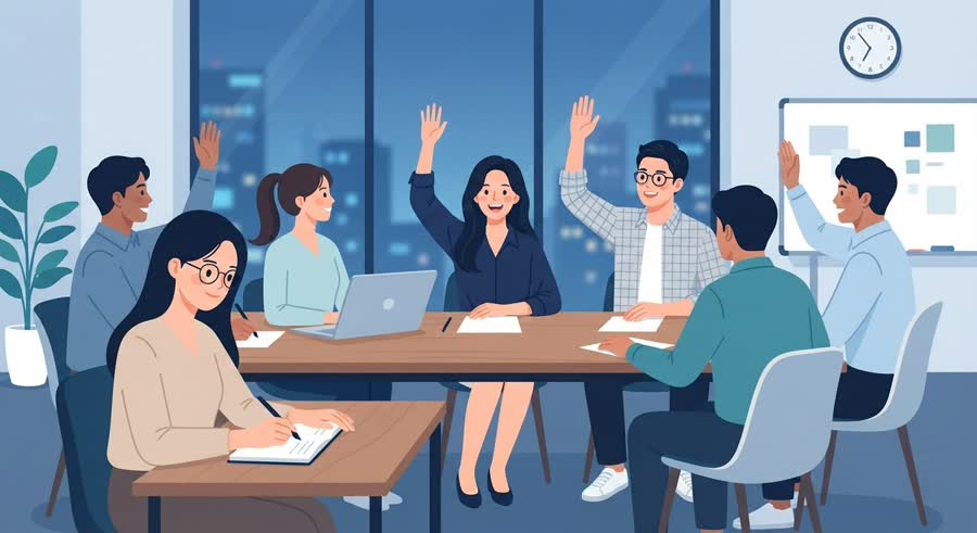 저녁 작은 회의실에서 손을 들어 의결에 참여하는 젊고 활기찬 한국인 회원들, 앞쪽 탁자에 회의록을 적는 사람