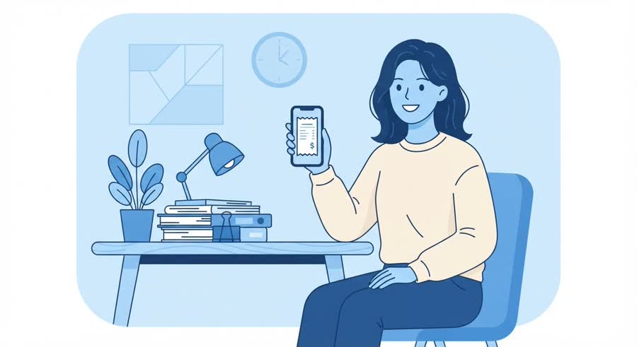 스마트폰 사진첩에서 영수증 사진을 찾아 보여 주는 젊은 한국인 회사원, 옆에 가지런히 묶인 서류철