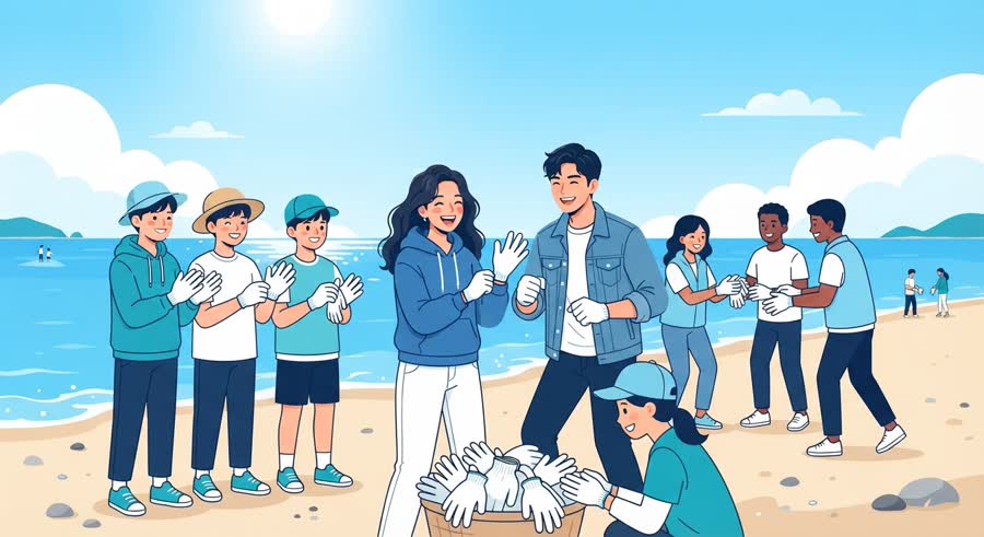 햇살 좋은 토요일 아침 바닷가에서 새 목장갑을 나눠 끼는 청소년 봉사단과 젊은 한국인 어른들, 하늘