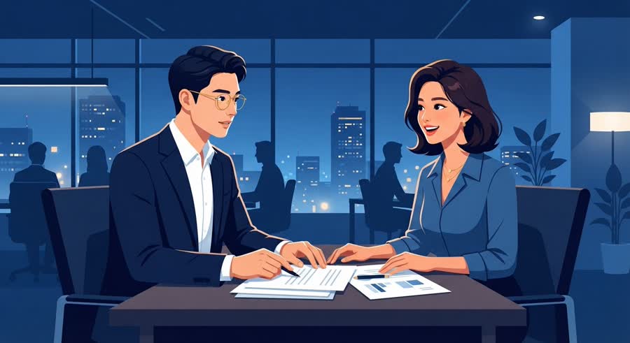 저녁 사무실 회의 테이블에서 회칙과 명단 출력본을 가운데 두고 대화하는 정장에 금테 안경을 쓴 젊은 행정사와 젊은 의뢰인 두 사람