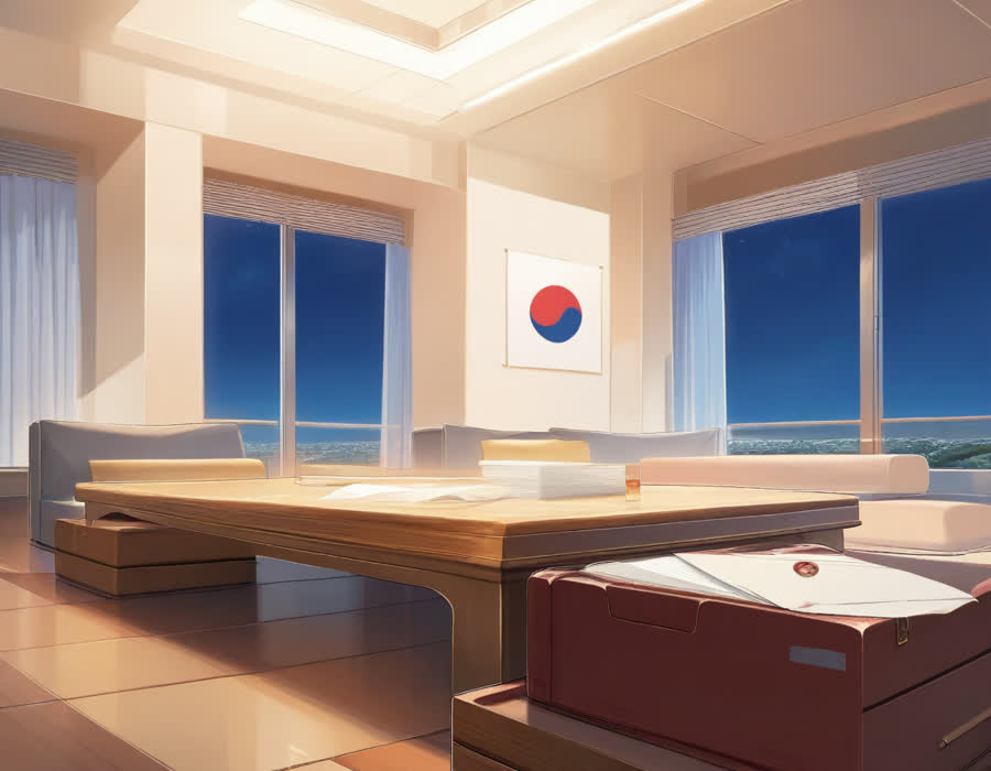 해가 드는 거실 식탁 위에 국제특송 봉투가 열려 있고 그 옆에 서류 한 장과 작은 인감도장 케이스가 놓인 모습