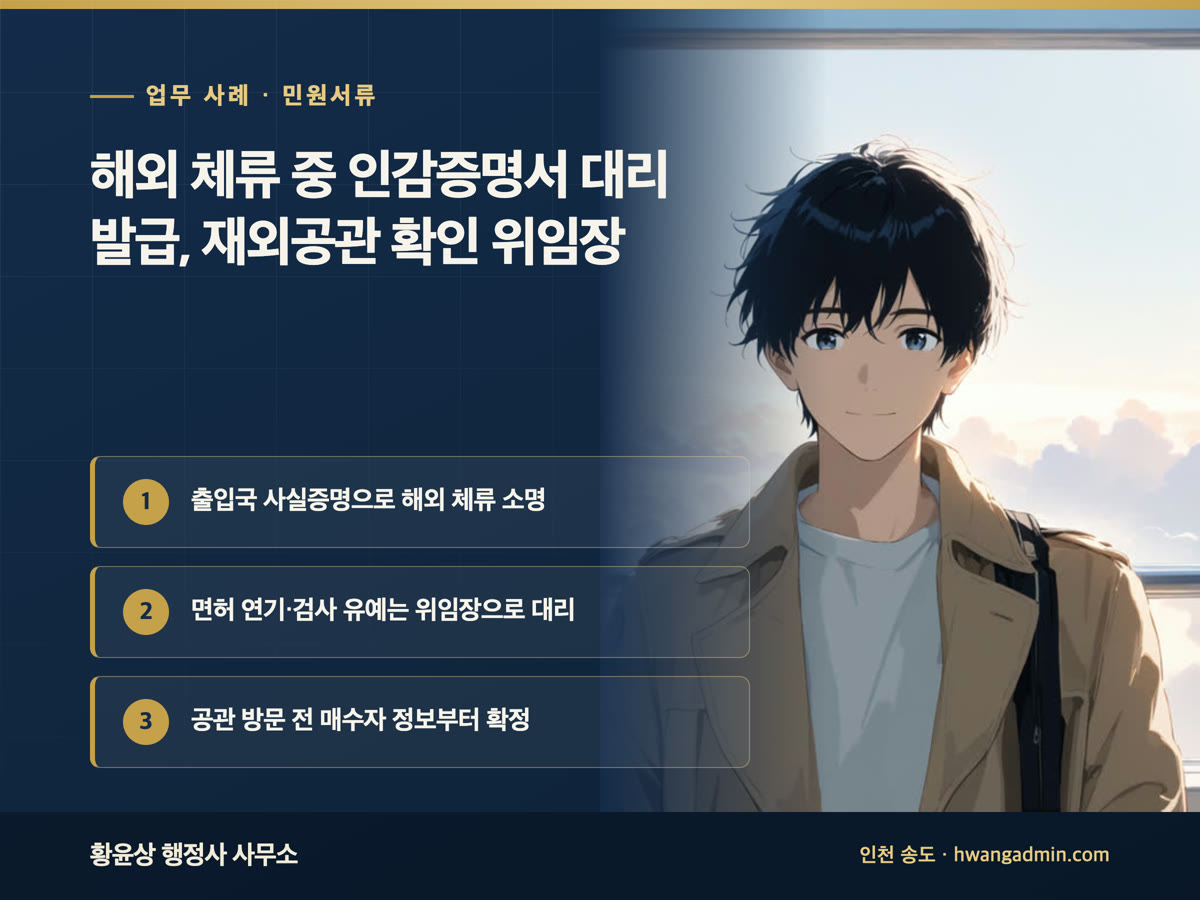 업무 사례 · 민원서류 해외 체류 중 인감증명서 대리 발급, 재외공관 확인 위임장 출입국 사실증명으로 해외 체류 소명, 면허 연기·검사 유예는 위임장으로 대리, 공관 방문 전 매수자 정보부터 확정