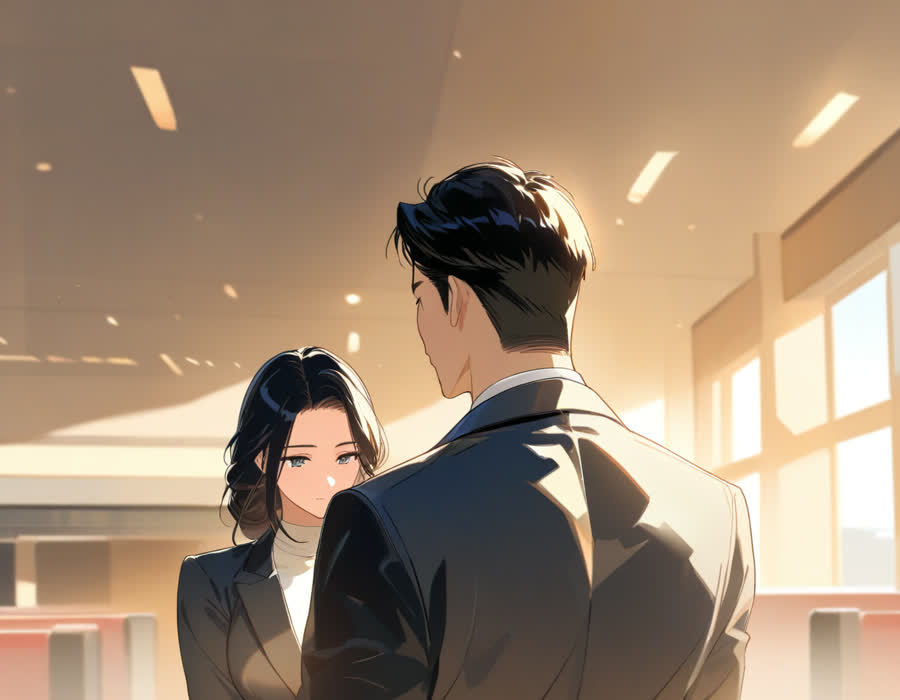 동 주민센터 민원 창구 앞에 나란히 앉아 서류를 기다리는 젊은 여성과 안경 쓴 정장 차림의 젊은 남성, 실내, 두 사람 얼굴
