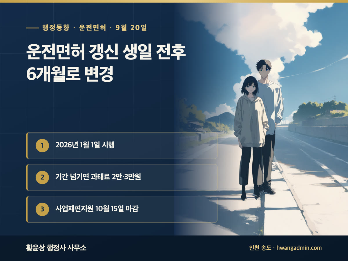 운전면허 갱신 생일 전후 6개월 · 사업재편지원 10월 15일 마감 외 2건 | 행정 브리핑 9월 20일 — 운전면허 적성검사·갱신 기간, 2026년부터 '생일 전후 6개월'