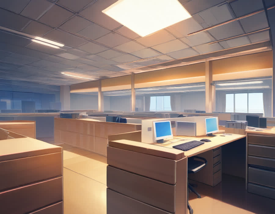 어두운 사무실 구석의 컴퓨터 화면에 회원 관리 프로그램 목록이 흐릿하게 떠 있고 책상엔 먼지 쌓인 상자들