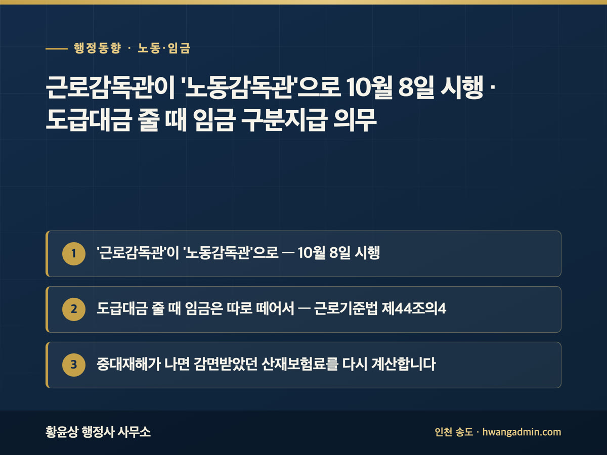 근로감독관이 '노동감독관'으로 10월 8일 시행 · 도급대금 줄 때 임금 구분지급 의무 — '근로감독관'이 '노동감독관'으로 — 10월 8일 시행