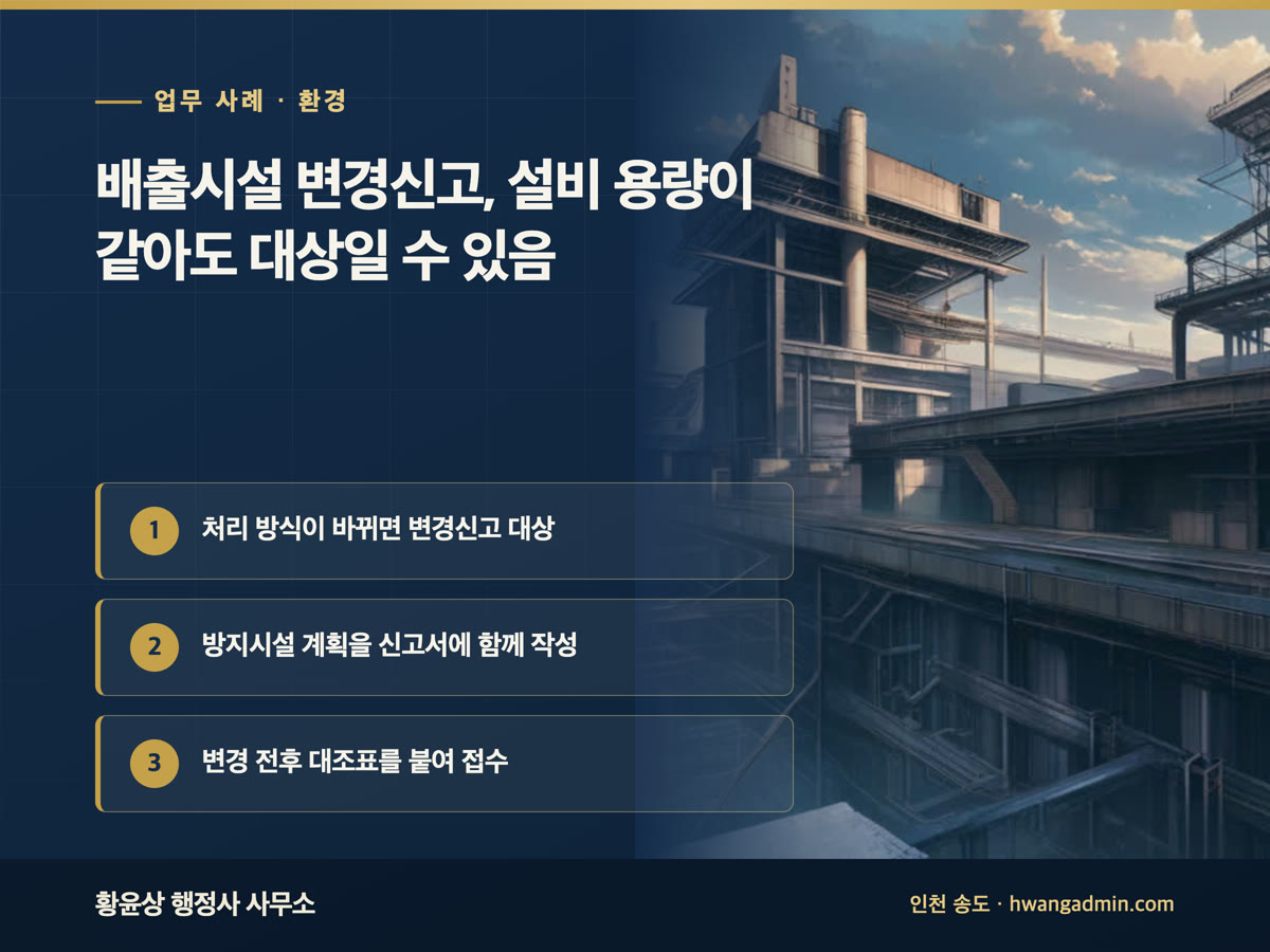 업무 사례 · 환경 배출시설 변경신고, 설비 용량이 같아도 대상일 수 있음 처리 방식이 바뀌면 변경신고 대상, 방지시설 계획을 신고서에 함께 작성, 변경 전후 대조표를 붙여 접수