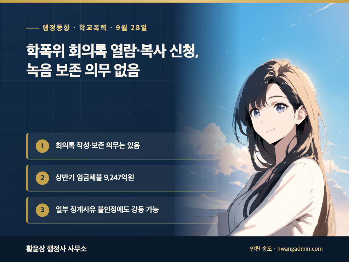 행정 브리핑 9월 28일 학폭위 회의록 열람·복사 신청과 녹음 보존 의무 공백, 상반기 임금체불 9, 247억 원 중 휴·폐업 사업장 16.6%