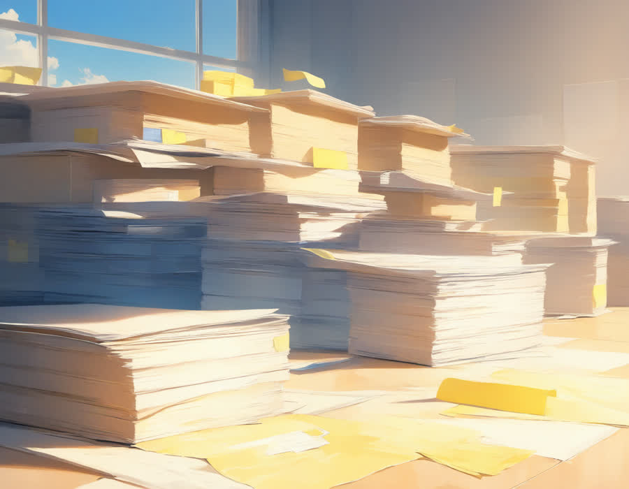사무실 책상 위에 뜯어 놓은 빠른등기 우편 봉투와 멸치 선물 봉지, 서류 한 장과 노란 메모지, 오후 햇살
