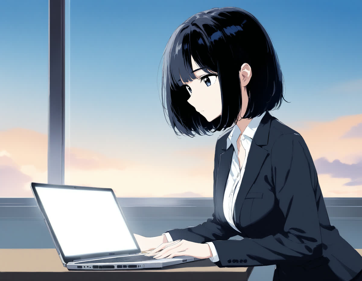 사무실 책상에서 노트북을 보는 정장 차림 20대 여성