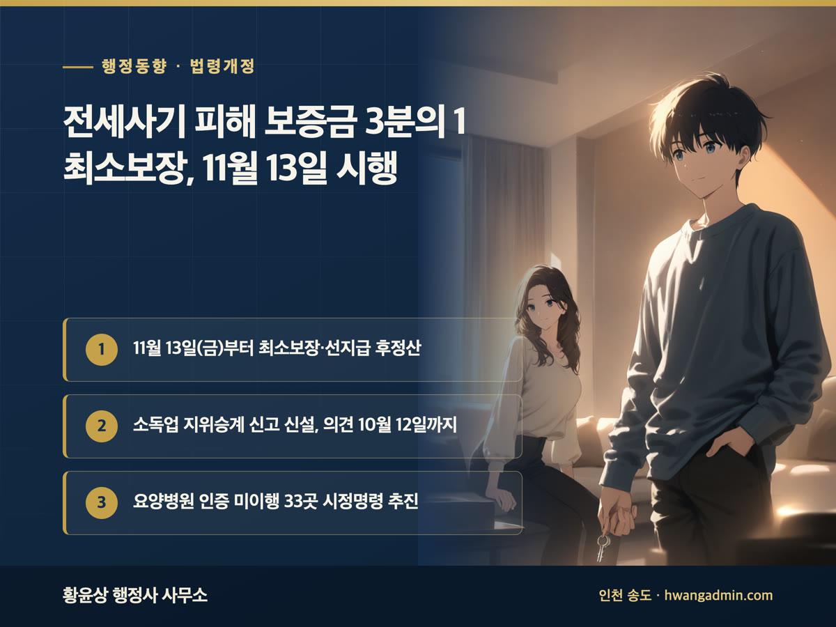 전세사기 피해 보증금 3분의 1 최소보장과 선지급 후정산 11월 13일 시행 안내 배너, 소독업 지위승계 신고 신설 의견 10월 12일까지, 요양병원 인증 의무 미이행 시정명령