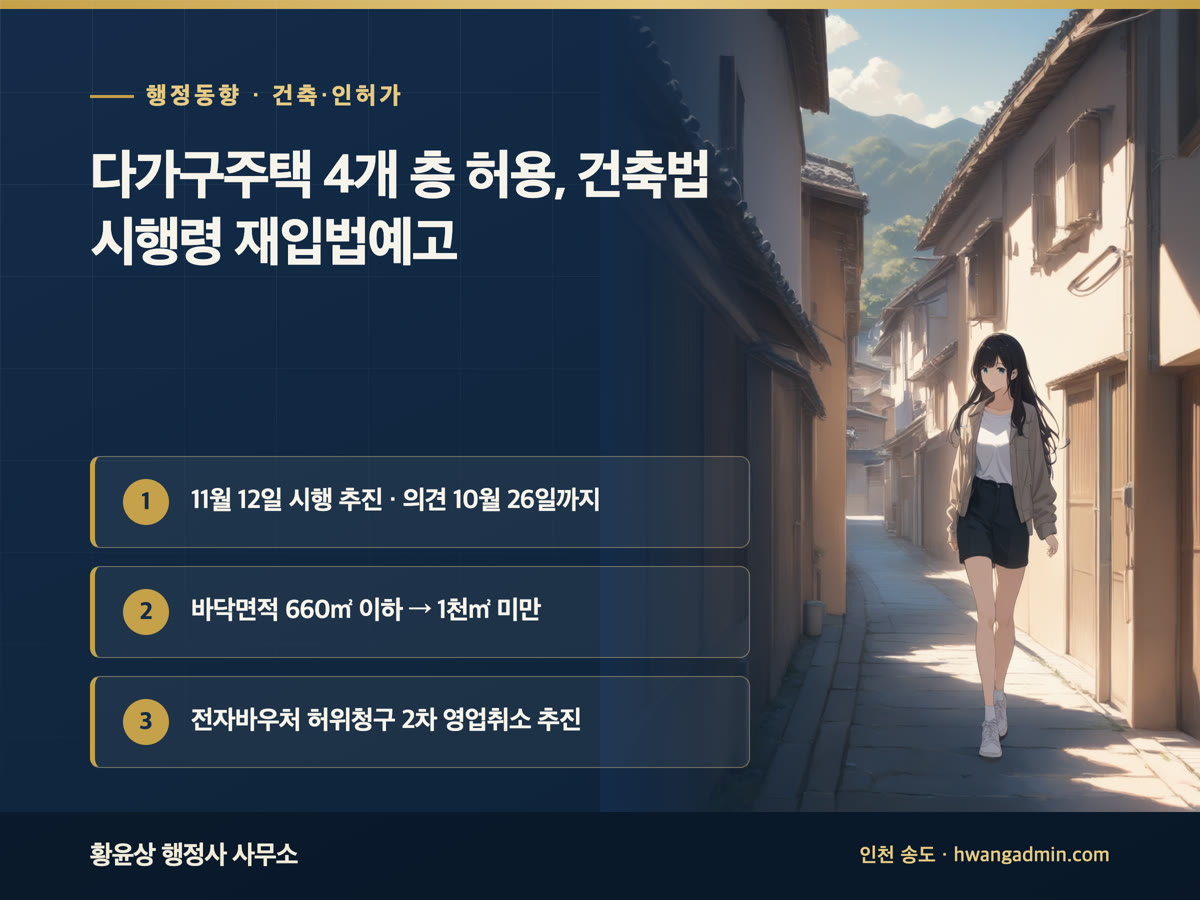 다가구주택 4개 층 허용 건축법 시행령 재입법예고, 11월 12일 시행 추진, 의견 접수 10월 26일까지, 전자바우처 부정수급 영업취소와 결혼서비스 과태료 소식 안내