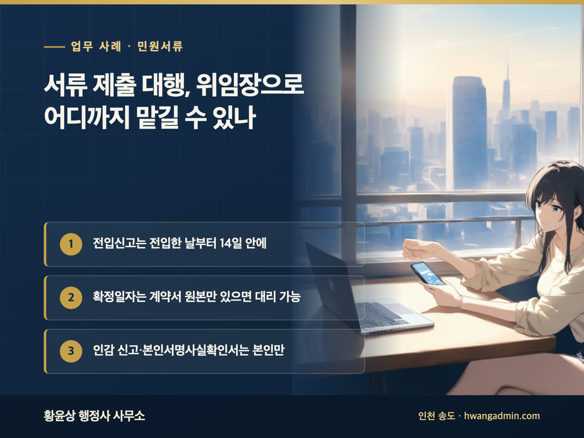 업무 사례 · 민원서류 서류 제출 대행, 위임장으로 어디까지 맡길 수 있나 전입신고는 전입한 날부터 14일 안에, 확정일자는 계약서 원본만 있으면 대리 가능, 인감 신고·본인서명사실확인서는 본인만