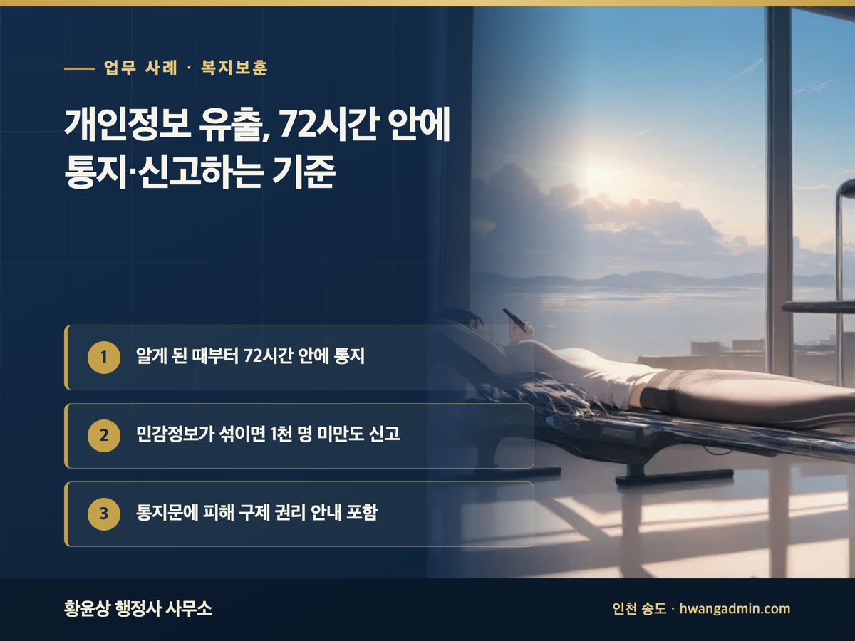 업무 사례 · 복지보훈 개인정보 유출, 72시간 안에 통지·신고하는 기준 알게 된 때부터 72시간 안에 통지, 민감정보가 섞이면 1천 명 미만도 신고, 통지문에 피해 구제 권리 안내 포함