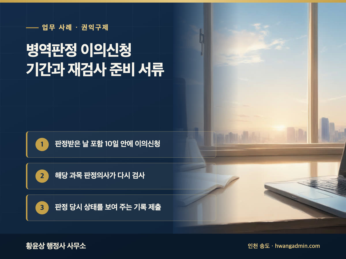 업무 사례 · 권익구제 병역판정 이의신청 기간과 재검사 준비 서류 판정받은 날 포함 10일 안에 이의신청, 해당 과목 판정의사가 다시 검사, 판정 당시 상태를 보여 주는 기록 제출