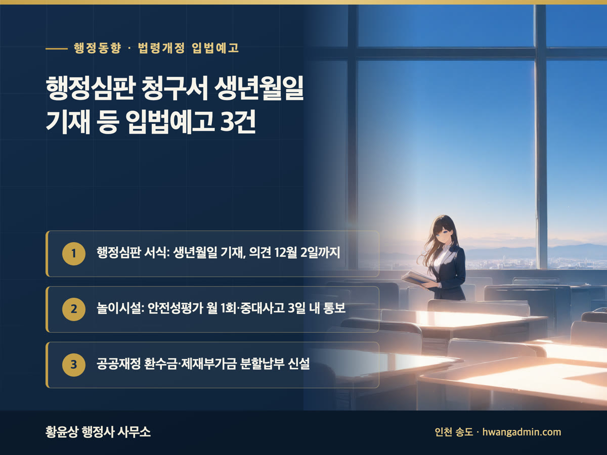행정심판 청구서 생년월일 기재와 송달장소 별도 기재, 어린이놀이시설 안전성평가 월 1회 이상, 공공재정 환수금 분할납부 입법예고를 정리한 안내 이미지