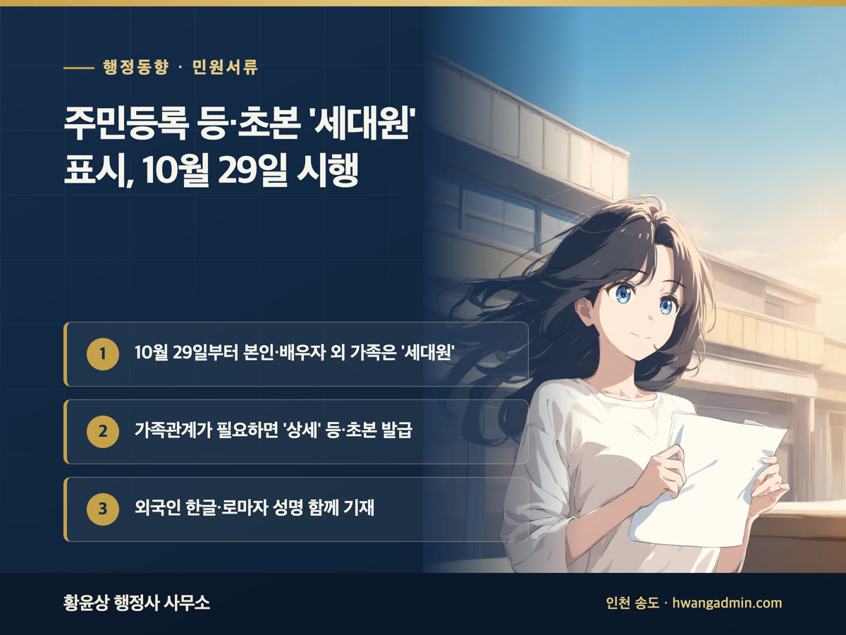 주민등록 등·초본에 세대주와의 관계를 세대원 또는 동거인으로 표시하는 제도가 2026년 10월 29일 시행되고, 상세 등·초본은 필요할 때 따로 발급받을 수 있다는 내용을 정리한 안내 이미지