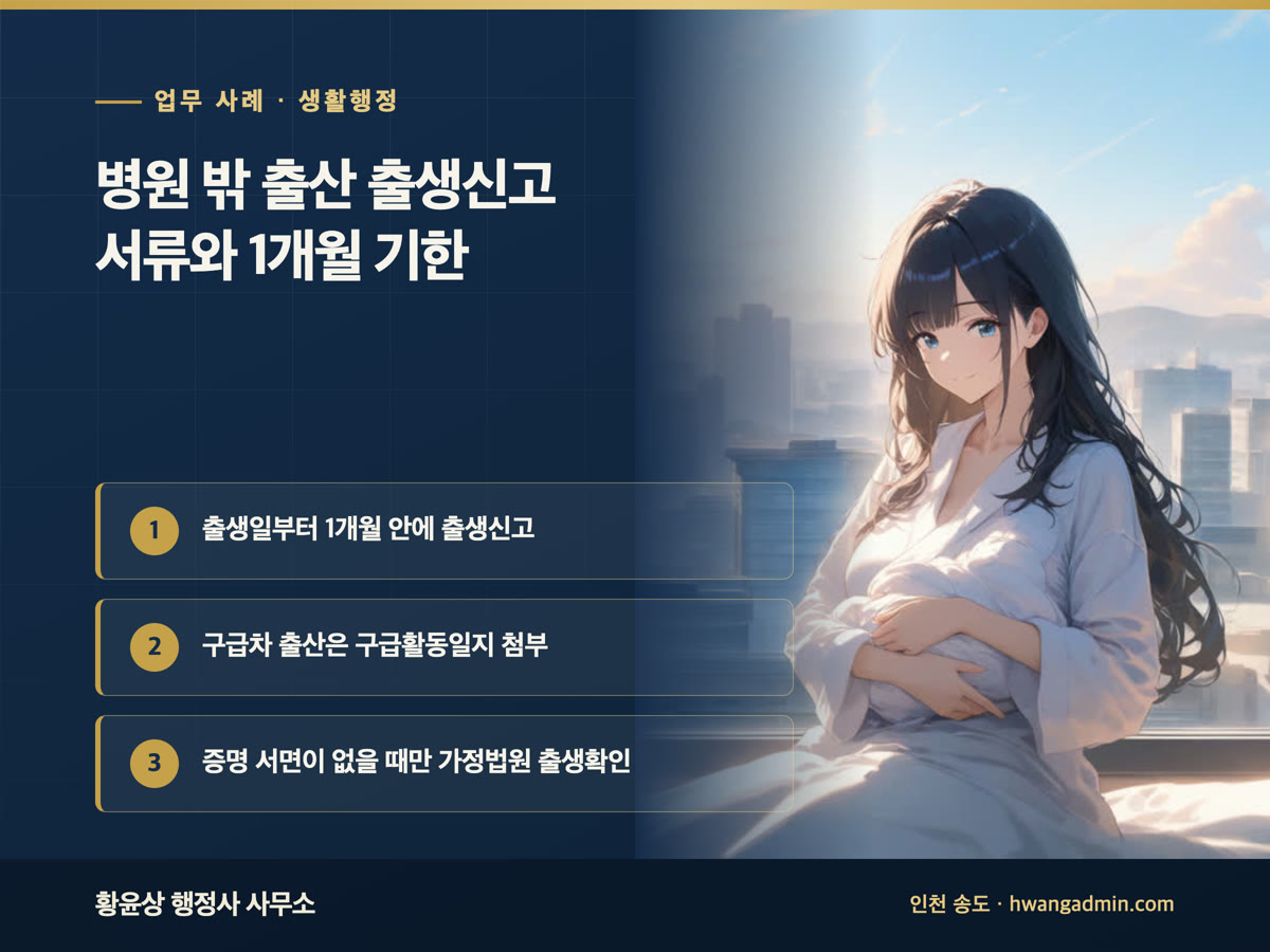 업무 사례 · 생활행정 병원 밖 출산 출생신고 서류와 1개월 기한 출생일부터 1개월 안에 출생신고, 구급차 출산은 구급활동일지 첨부, 증명 서면이 없을 때만 가정법원 출생확인