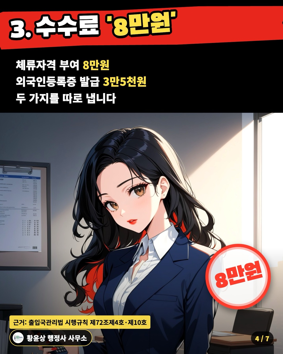 3. 수수료 '8만원' — 체류자격 부여 8만원 / 외국인등록증 발급 3만5천원 / 두 가지를 따로 냅니다