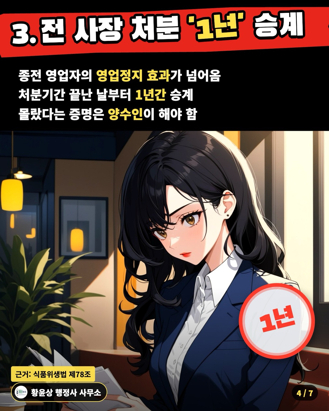 3. 전 사장 처분 '1년' 승계 — 종전 영업자의 영업정지 효과가 넘어옴 / 처분기간 끝난 날부터 1년간 승계 / 몰랐다는 증명은 양수인이 해야 함