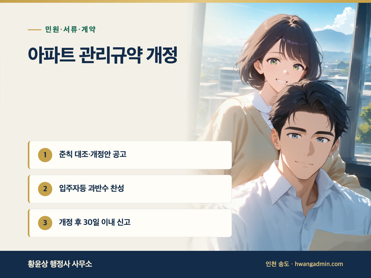 공동주택관리규약 개정 절차와 신고 — 입주자등 과반수 찬성, 개정 후 30일 이내 시·군·구 신고 — 안내 이미지