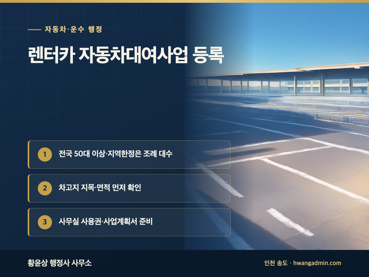 렌터카 자동차대여사업 등록 요건 — 차량 대수·차고지·사무실 — 안내 이미지