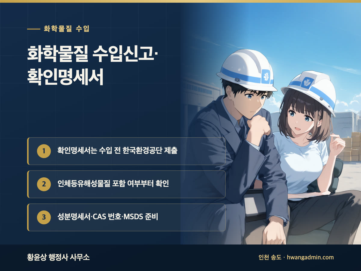 화학물질 수입신고와 화학물질 확인명세서 — 인체등유해성물질 수입신고서·MSDS 제출 순서 — 안내 이미지