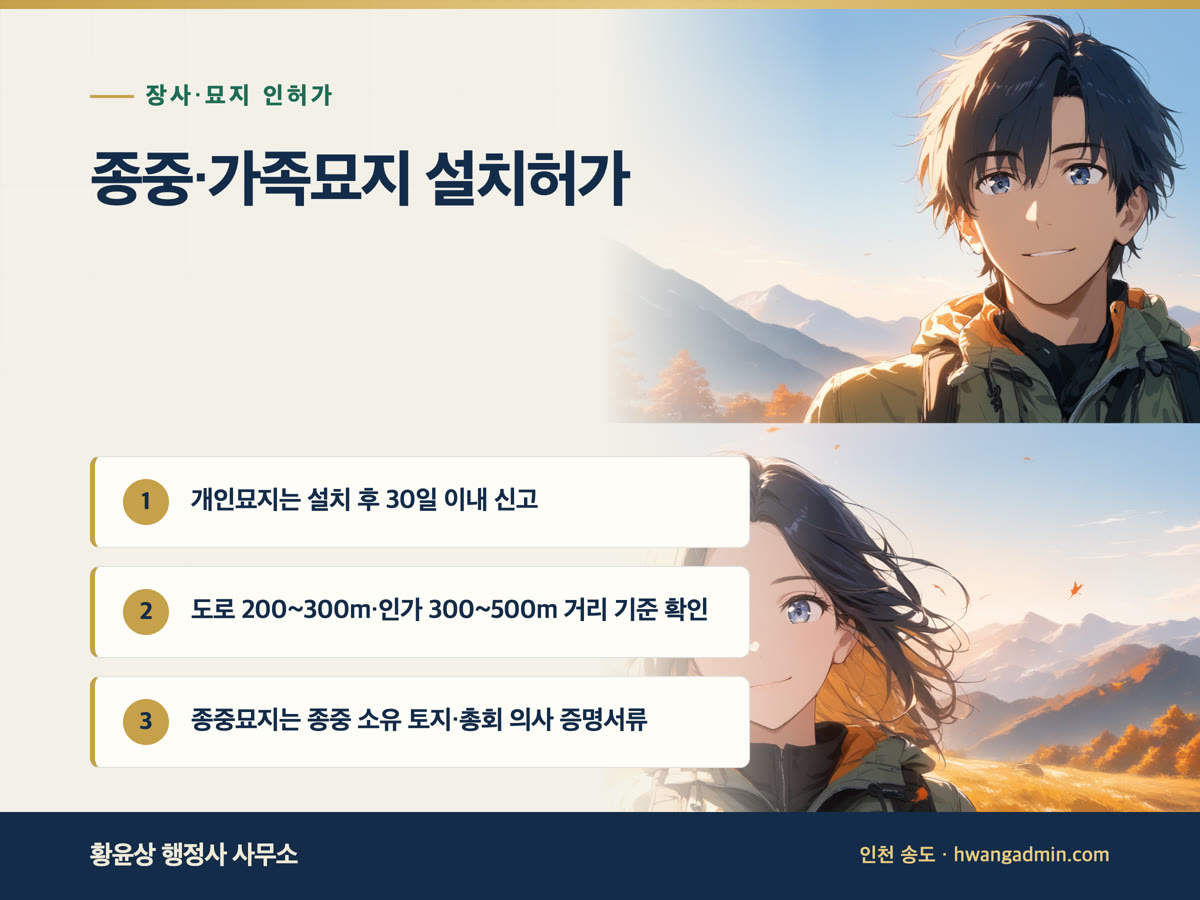 종중묘지·가족묘지 설치허가와 개인묘지 신고 — 면적 기준·거리 제한과 신청서류 — 안내 이미지