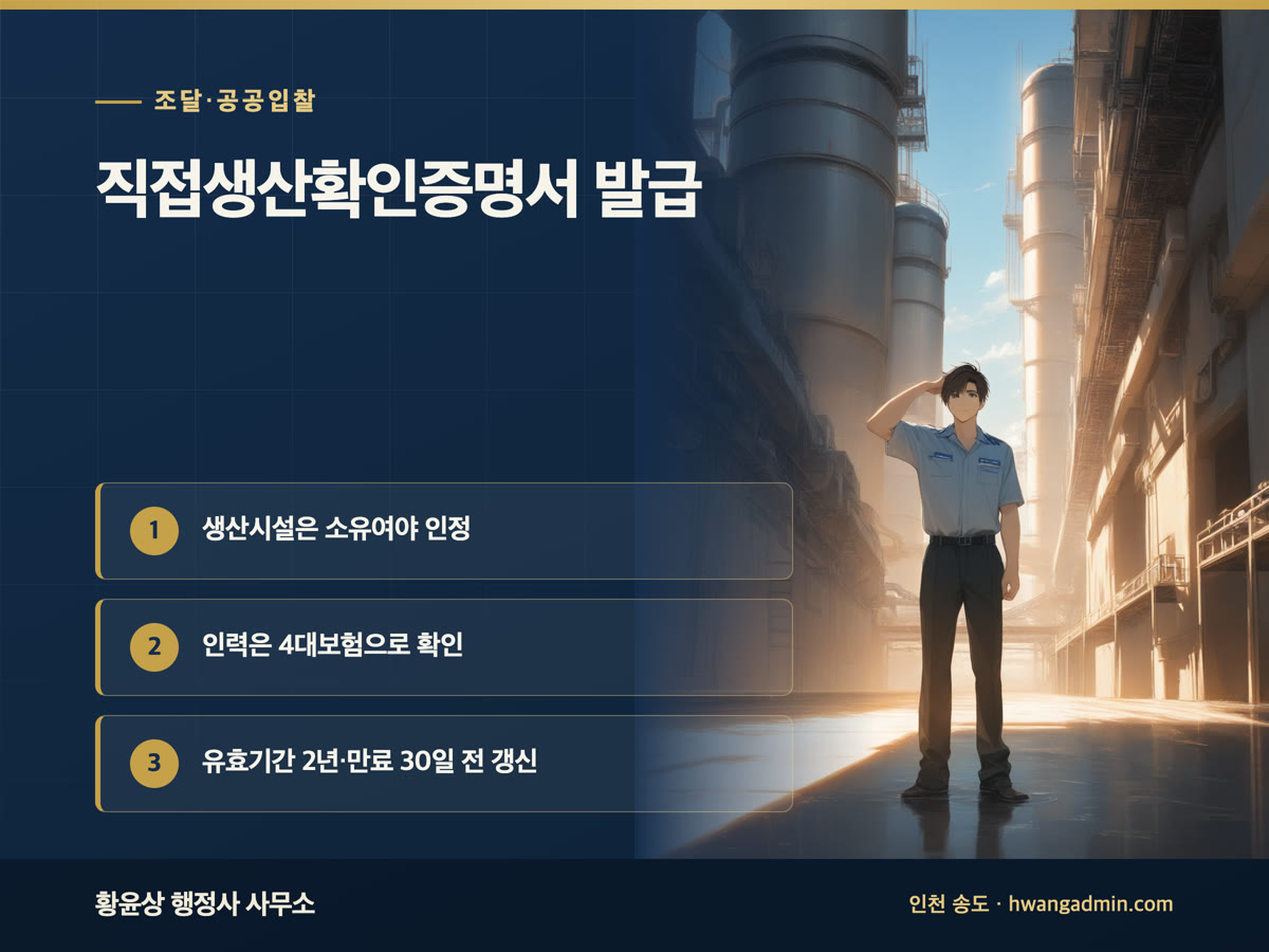 직접생산확인증명서 발급 요건 — 생산시설 보유와 상시근로자 확인 — 안내 이미지