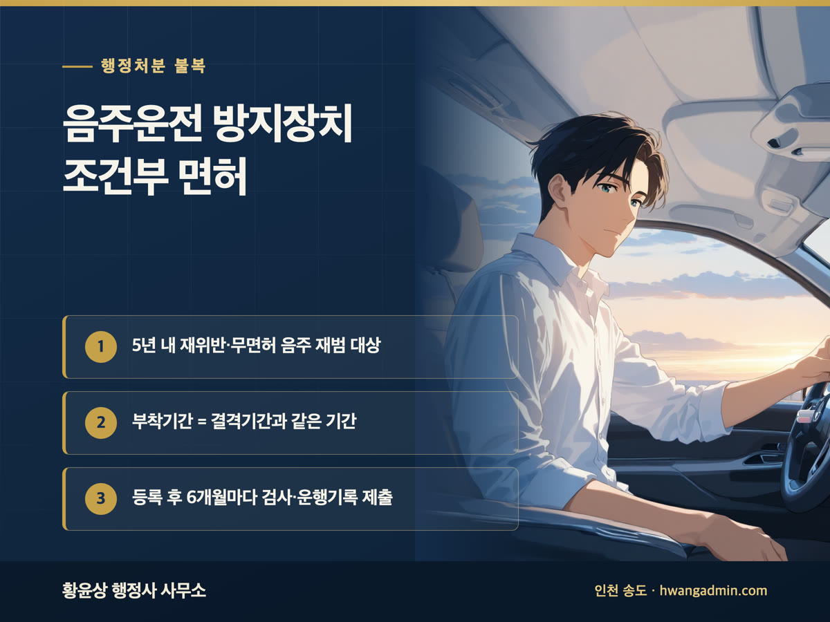 음주운전 방지장치 조건부 운전면허 대상과 부착기간 — 무면허 음주 재범 포함, 등록·검사 6개월 — 안내 이미지