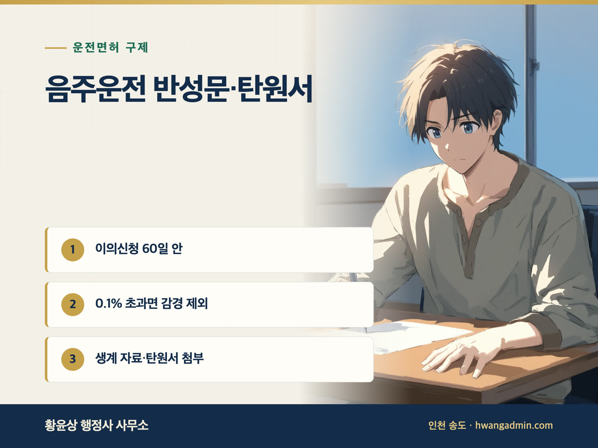 음주운전 반성문·탄원서 작성 — 면허취소 이의신청 60일, 감경 요건과 첨부 서류 — 안내 이미지