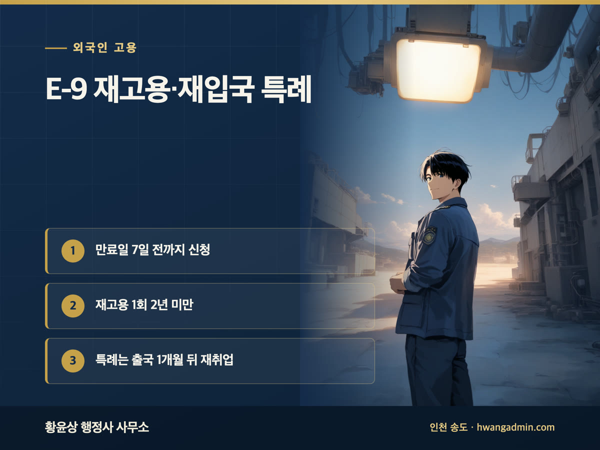 E-9(비전문취업) 외국인근로자 재고용과 성실근로자 재입국 특례 안내 이미지