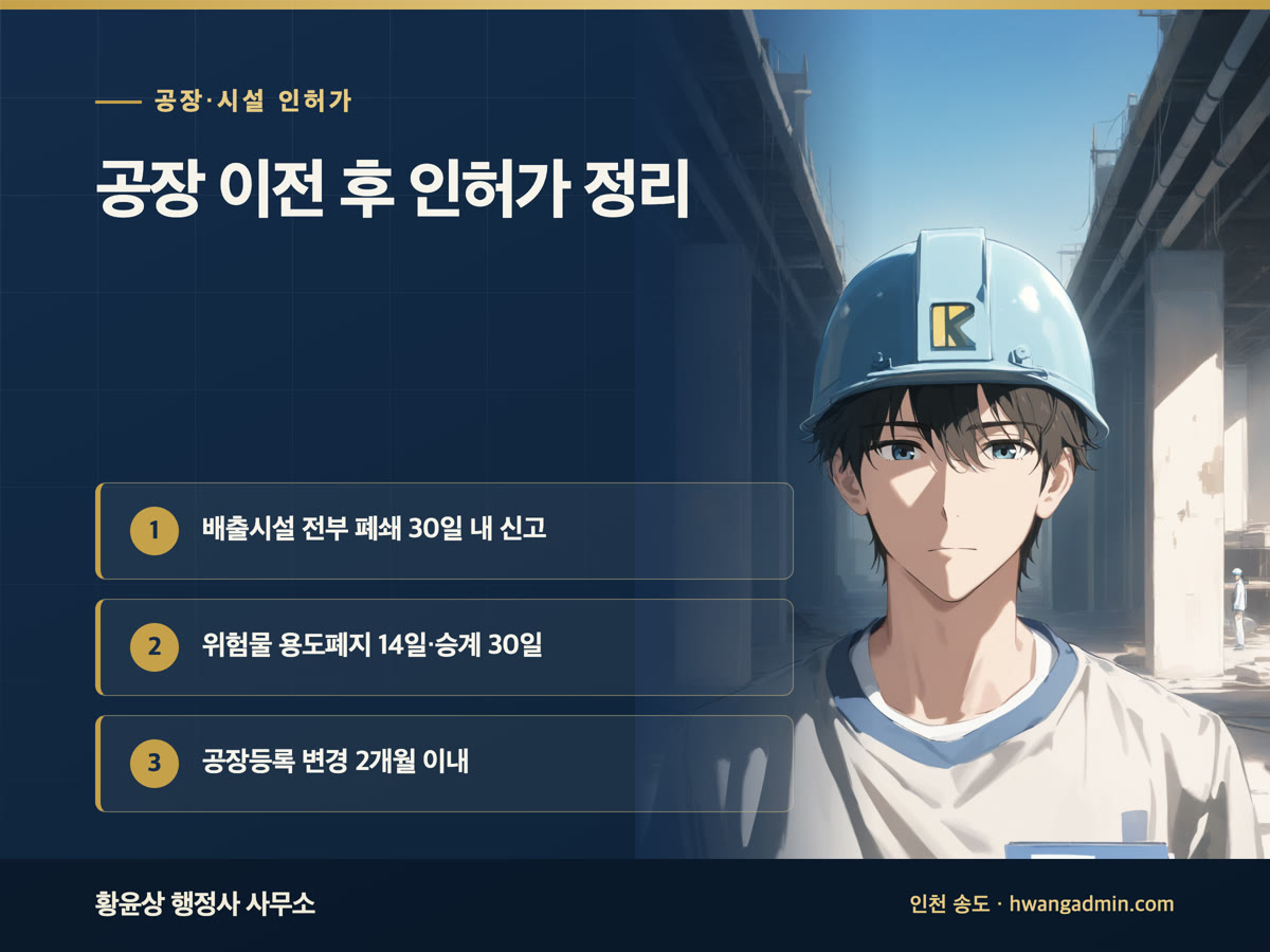 공장 이전·양도 후 인허가별 변경·폐지·승계 신고서류 작성 — 안내 이미지