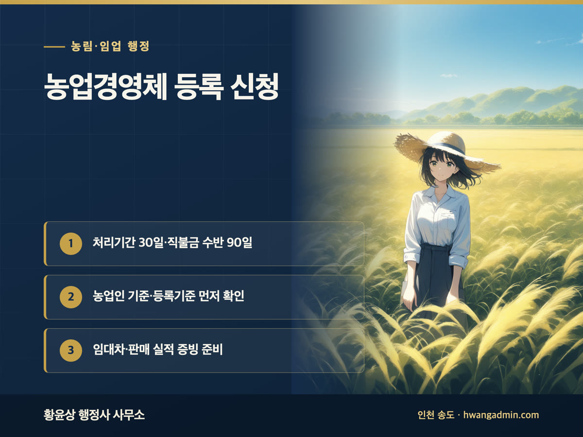 농업경영체 등록 신청 방법 — 농업인 기준·등록신청서와 처리기간 30일·90일 — 안내 이미지