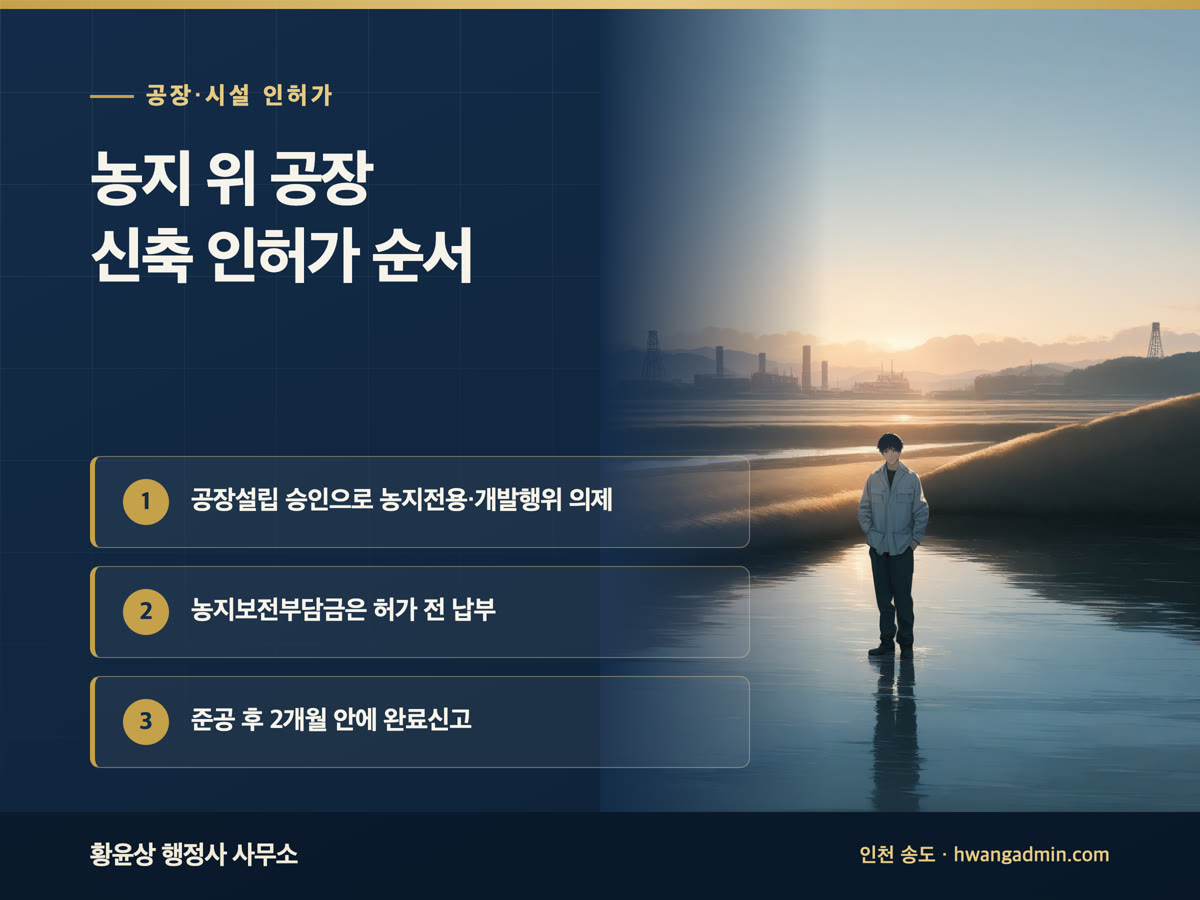 농지에 공장 신축하는 인허가 순서 — 농지전용허가·개발행위허가·공장등록 2개월 — 안내 이미지