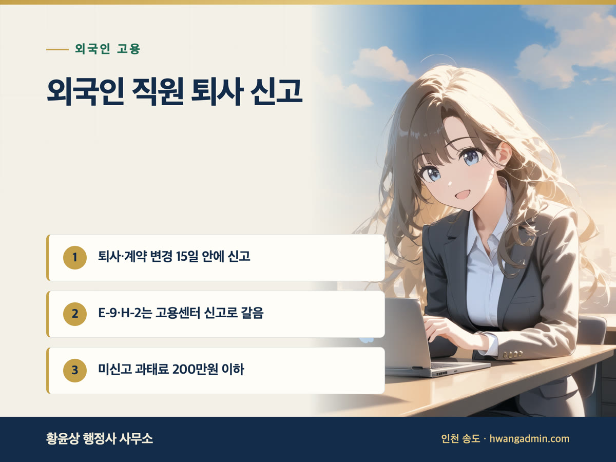 외국인 직원 퇴사 신고 방법 — 출입국 15일 신고와 고용센터 고용변동신고 구분 — 안내 이미지