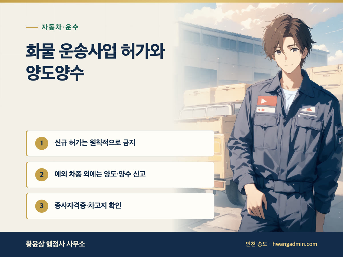 화물자동차 운송사업 허가·양도양수 — 신규 허가 금지 예외와 차고지·서류 — 안내 이미지