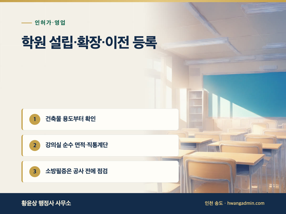 학원 설립·확장·이전 등록 — 건축물 용도와 강의실 면적 먼저 — 안내 이미지